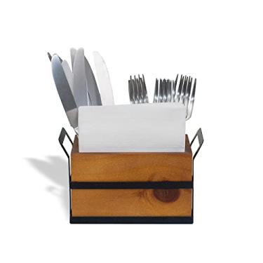 Imagem de Kit Organizador Porta Talheres Guardanapos Metal, Madeira - Geguton