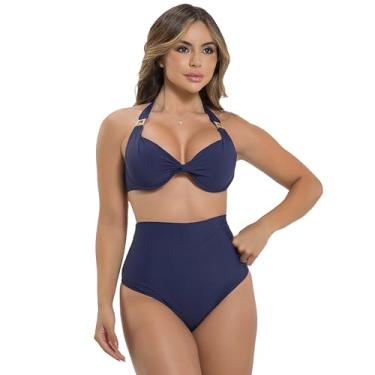 Imagem de Biquíni Sunquini com Bojo Meia Taça e Aro Calcinha Hot Pant Cintura Alta Elegante (BR, Alfa, M, Regular, Azul-marinho)