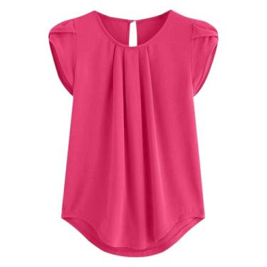 Imagem de Generic Camisetas femininas de manga curta pétala verão outono gola redonda chiffon recorte franzido camiseta feminina 2024, L-571 Rosa choque, 5G