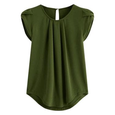 Imagem de Generic Camisetas femininas de manga curta pétala verão outono gola redonda chiffon recorte franzido camiseta feminina 2024, K-590 Verde limão militar, 3G