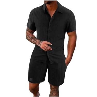 Imagem de Generic Conjunto de shorts masculinos de linho de renda para verão outono combinando com 2 peças, camisetas e shorts masculinos 2024, B-284 Preto, P