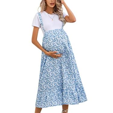 Imagem de KOJOOIN Saia midi de maternidade de cintura alta casual boho rodada com babados ajustáveis para sessão de fotos chá de bebê, Floral azul, XGG