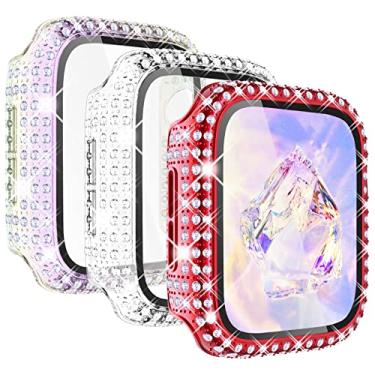 Imagem de KADES Pacote com 3 capas brilhantes compatíveis com Apple Watch com protetor de tela integrado para iWatch SE 38 mm 40 mm 42 mm 44 mm Series 6 5 4 3 2 1 (44 mm, vermelho/iridescent/transparente)