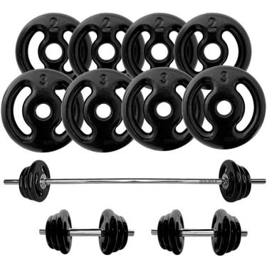 Imagem de Kit Anilhas Emborrachada PRETA 20kg + 2 Barras 40cm + 1 Barra 1,20m-Unissex