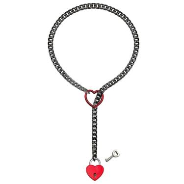 Imagem de paloli Colar feminino de corrente deslizante de coração vermelho, colar longo cubano punk rock, joia feminina, colar em Y ajustável, cadeado de coração com chave (corrente preta, coração vermelho,