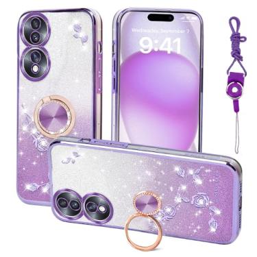 Imagem de Nouxwerx Capa para celular Huawei Honor 70, capa para Honor 70 fofa TPU macia fina rosa para meninas e mulheres com alça de suporte de anel capa de cordão para Honor 70 (Roxo)