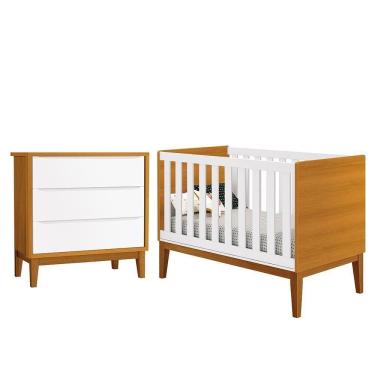 Imagem de Jogo De Quarto Infantil Cômoda 3 Gavetas E Berço Classic Branco Savana Com Pés Amadeirado Reller Móveis Branco Savana