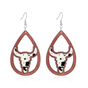 Imagem de Brincos de cowgirl ocidental com cabeça de gado de vaca brincos pendentes de couro boêmio vintage feito à mão turquesa com estampa animal, Couro, Turquesa