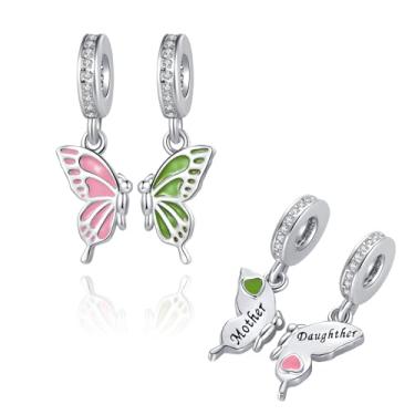 Imagem de MiiFort Pingente de borboleta verde rosa e coração mãe filha compatível com pulseiras Pandora Charms, One Size, Cobre, Sem Pedra Preciosa