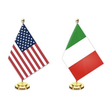 Imagem de Conjunto de 2 unidades de bandeira pequena de mesa italiana americana, mini banner de mesa italiana de 12 × 20 cm, decoração de poste de metal sólido de 30 cm, faixa de poliéster impressa digital
