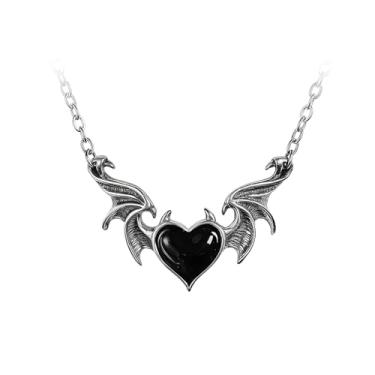 Imagem de Dtexhif Colar feminino com asas de morcego de coração malvado preto punk demônio asa de dragão amor coração vermelho colar de pingente de vampiro colar de morcego joia para casal, Metal, Sem Pedra