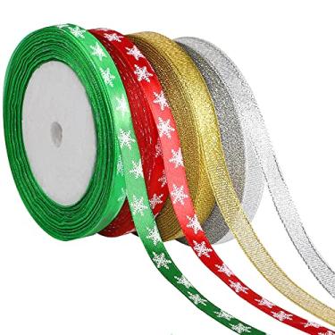 Imagem de 4 rolos de fitas de Natal para embrulho de presente, 10 mm de largura com estampa de fl...