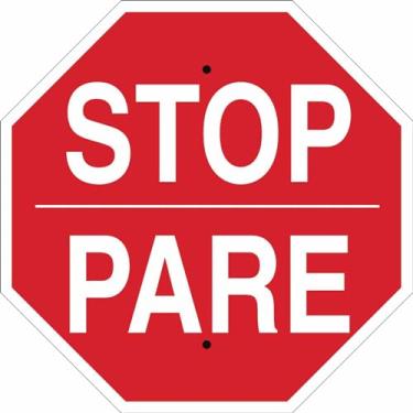 Imagem de Brady Placa bilíngue 124572, legenda "Stop/Pare", 45,7 cm de altura, 45,7 cm de largura, branco sobre vermelho