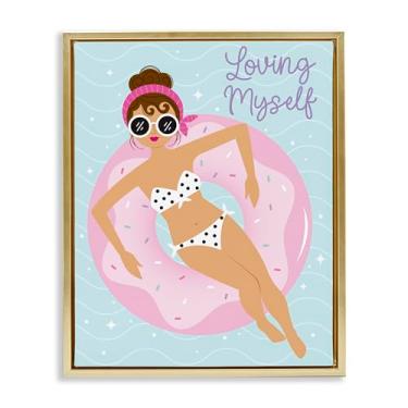 Imagem de Stupell Industries Arte de parede Loving Myself Girl in Pool em tela flutuante emoldurada por Ilis Avilés, moldura flutuante dourada, 43 x 53 cm