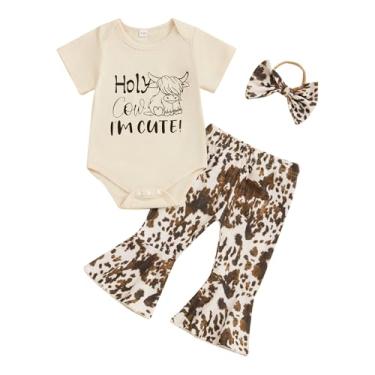 Imagem de Kavousa Western Baby Girl Clothing Macacão de vaca pirnt e calça rodada com faixa de cabeça, calça de sino para bebê, Im Cute Apricot, 3-6 Meses