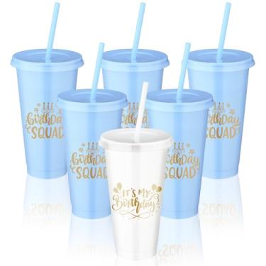 Imagem de Jingmore Copos de plástico de esquadrão de 680 g com tampa e canudo para decorações de aniversário de 20, 30, 40, 50, 60 anos, lembrancinha para mulheres e adultos (branco, azul, 6 peças)