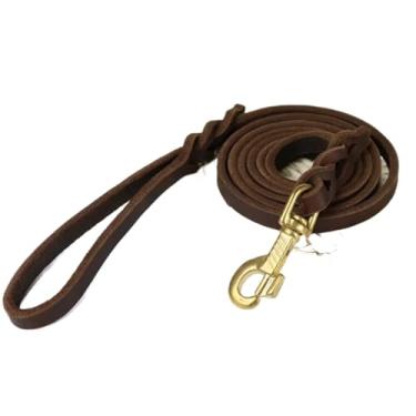 Imagem de Coleira de couro genuíno para cães trelas longas trançadas para treinamento de caminhada para animais de estimação marrom preto cores para animais de estimação médio e grande (marrom cobre, 120 cm)