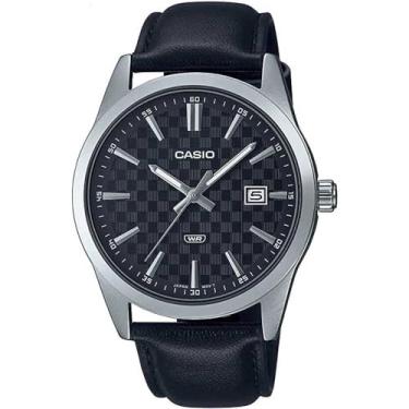 Imagem de Casio MTP-VD03L-1A Relógio analógico masculino padrão de couro preto com mostrador preto e 3 ponteiros, Preto, Relógio analógico, movimento de quartzo