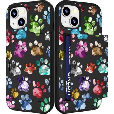 Imagem de IWONE Capa compatível com iPhone 15 fofa com porta-cartões fina capa carteira para celular para mulheres/rabiscos coloridos patas cães craws pegadas animal aquarela