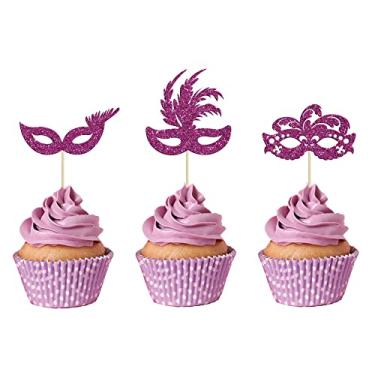 Imagem de Gyufise 24 máscaras de baile de máscaras, topos de cupcake, purpurina, purpurina, máscara de despedida de solteira, enfeite de cupcake, decorações para baile de máscaras, festa de carnaval, chá de