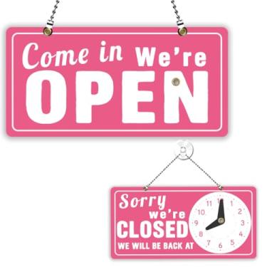 Imagem de PLIGREAT Placa rosa aberta fechada dupla face We Are Open Closed Placa criativa para horas comerciais placa para loja de varejo bar padaria loja janela parede pendurado porta sinal com corrente