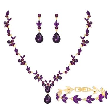 Imagem de Paxuan Conjunto de joias florais elegantes para mulheres/noivas/damas de honra, conjunto de joias de cristal para casamento, formatura, festa, noiva, cristal, colar, brincos, conjunto de pulseiras,