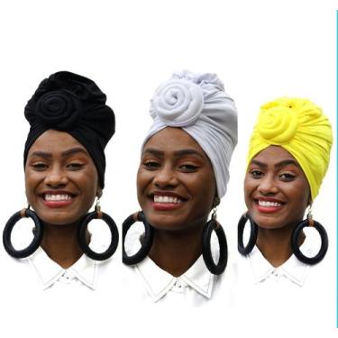Imagem de Kit 3 turbante flor   - Atamultimarcas0810, Branco, Amarelo, Preto