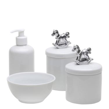 Imagem de Potes, Molhadeira e Porta Álcool Gel Cavalinho Prata Bebê