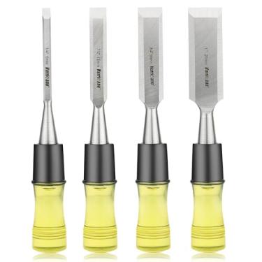 Imagem de HURRICANE Conjunto de cinzel de madeira de 4 peças para marcenaria. Lâminas de borda chanfrada de aço CR-V com tampas de segurança. Cabo de PVC durável de alto impacto, para escultura de precisão e