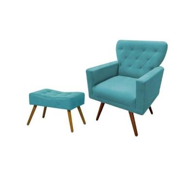 Imagem de Kit Poltrona Decorativa Aurora + 1 Puff Retangular Suede Azul Turquesa