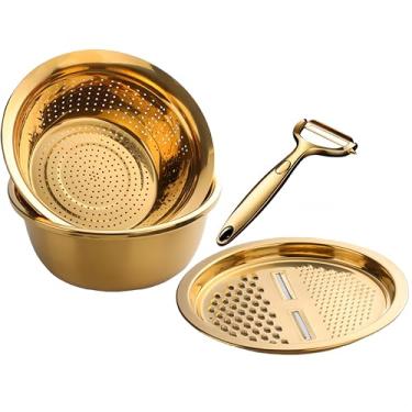 Imagem de Conjunto de escorredor de aço inoxidável de 4 peças - Cortador de vegetais dourado com descascador, cesta de coador de cozinha leve e à prova de ferrugem, tigela de saladas e caçarolas para preparação