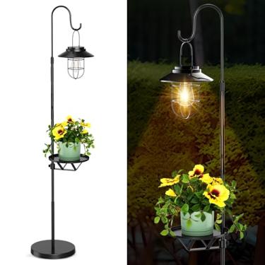 Imagem de XPSCOCO Lanterna solar de 152 cm, luminária de chão ao ar livre com altura ajustável e suportes de plantas rotativos de 360°, lanternas solares suspensas, presentes para jardim, pátio, decoração de