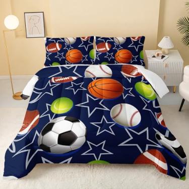 Imagem de QOOMO Conjunto de edredom de beisebol, basquete, futebol, tênis, para adolescentes, crianças, rúgbi, esportivo, tamanho casal, 3 peças, decoração de quarto com 2 fronhas, microfibra leve