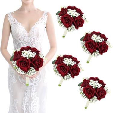 Imagem de Conjunto de 4 buquês artificiais de dama de honra – buquê de seda bordô rosa branco para bebês, 17,8 cm, buquê de noiva para casamento, chá de panela, decoração de aniversário de cerimônia