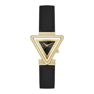 Imagem de GUESS Relógio analógico feminino US dourado triângulo e couro preto, Preto