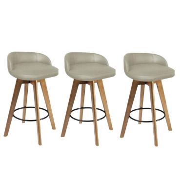 Imagem de Kit 03 Banqueta Alta Com Encosto Berlim Base Giratória Madeira Linho Bege Escuro