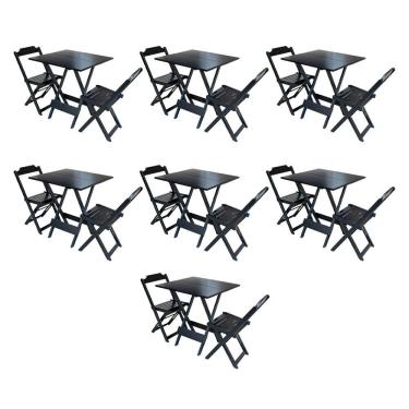 Imagem de Kit 7 Conjuntos De Mesa Dobravel Com 2 Cadeiras De Madeira 70X70 Para Restaurante E Bar - Preto