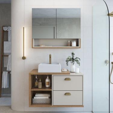 Imagem de Conjunto Para Banheiro Gabinete Suspenso 80cm 2 Gavetas Com Cuba E Espelheira 2 Portas Helena Mel/arenas