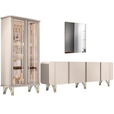 Imagem de Kit Aparador Buffet Bar Living Santiago Cristaleira Adega Síria E Espelho Ibiza B01 Off White