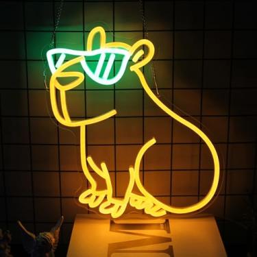 Imagem de CKTBLEY Placa De Neon Capivara Fofa Com Óculos, Animal Fofo, Amarelo, Verde, Led, Luzes Desenho Animado Para Parede, Luz Noturna Quarto, Decoração Festa Infantil, Presentes Aniversário