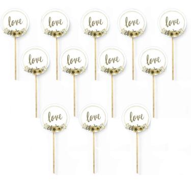 Imagem de Kit 12 Picks Decorativos Arranjo de Flores Madeira Love