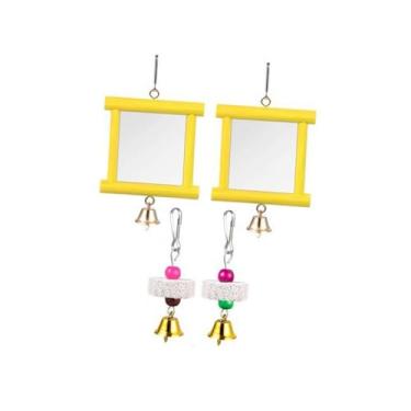 Imagem de Generic 2x Brinquedos de espelho de galinha, brinquedo de bicadas de madeira com sino, bico, pedras de moagem para periquitos, Amarelo