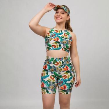 Imagem de Conjunto Top Cropped com Bojo + Short Praia Fitness + Brinde Viseira E