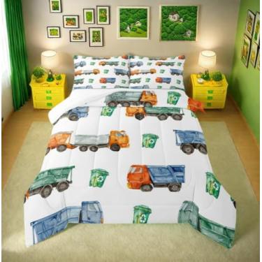 Imagem de Erosebridal Conjunto de cama infantil, vintage, caminhões de lixo, aquarela, caminhão de lixo e caminhão de lixo, tamanho infantil, para meninos e meninas
