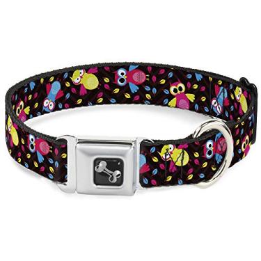 Imagem de Buckle-Down Coleira para cachorro com fivela de cinto de segurança - Corujas voadoras com folhas preta/várias cores - 3,8 cm de largura - Serve em pescoço de 40,6 a 58,4 cm - Médio
