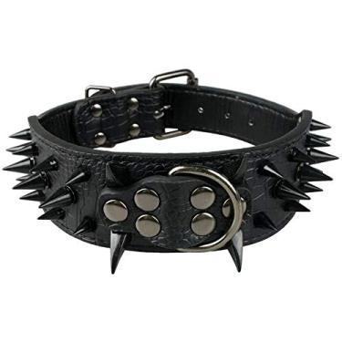 Imagem de Izefia Coleira para cães preta afiada cravejada luxuosa coleira de couro acolchoada para cães médios e grandes - 5 cm de largura colar antimordida (G, preto -BK)