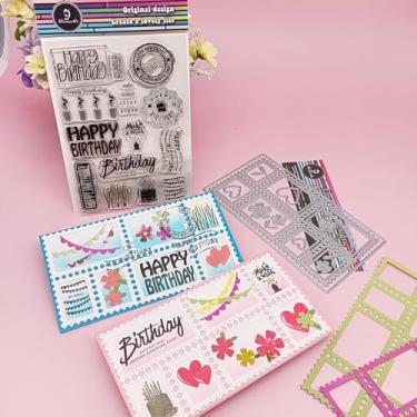 Imagem de Alinacutle 1 carimbo transparente de fundo de aniversário e 1 peça de moldura retangular fina corte de metal cortado para scrapbooking, papel artesanal, artesanato, cartões, faça você mesmo, álbum de