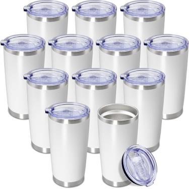 Imagem de AEPDTD Copo De Café Tavel 20 Oz A Granel Com Tampa Aço Inoxidável, Parede Dupla, Caneca Isolamento Vácuo, Copos Revestimento Em Pó, Adequado Para Porta-Copos Carro Quente E Frio - Branco, Pacote 12
