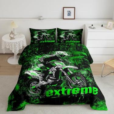 Imagem de jejeloiu Jogo de cama solteiro Dirt Bike para esportes radicais para meninos, meninas, adolescentes e adultos, edredom de corrida de motocross, respirável, macio, leve, decoração de quarto, 2 peças