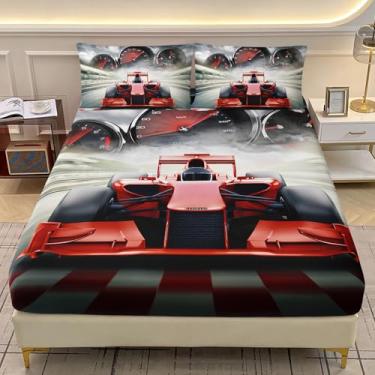 Imagem de AILONEN Jogo de cama de corrida vermelho 3D para meninos, design de jogador esportivo com velocímetro, tamanho twin GG, conjunto de lençol infantil com design de esportes radicais, 1 jogo de lençol